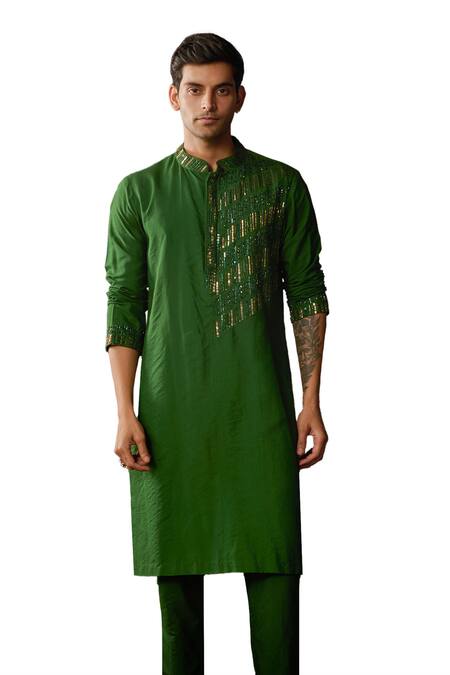 Diyarajvvir Green Cotton, Silk, Linen Embroidery Tikki Kurta And Pant Set Online at Aza Fashions Diyarajvvir_Green Cotton, Silk, Linen Embroidery Tikki Kurta And Pant Set _Online_at_Aza_Fashions