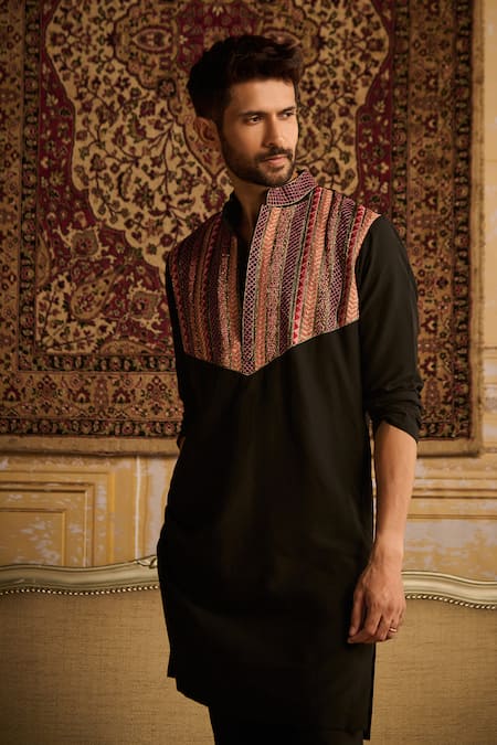 Shop Diyarajvvir Black Cotton, Silk Embroidery Tribal Kurta And Pant Set at Aza Fashions Shop_Diyarajvvir_Black Cotton, Silk Embroidery Tribal Kurta And Pant Set _at_Aza_Fashions
