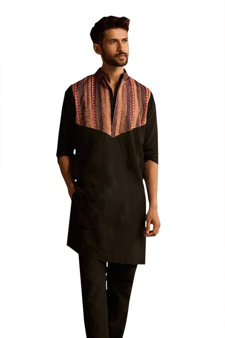 Diyarajvvir Black Cotton, Silk Embroidery Tribal Kurta And Pant Set Online at Aza Fashions Diyarajvvir_Black Cotton, Silk Embroidery Tribal Kurta And Pant Set _Online_at_Aza_Fashions