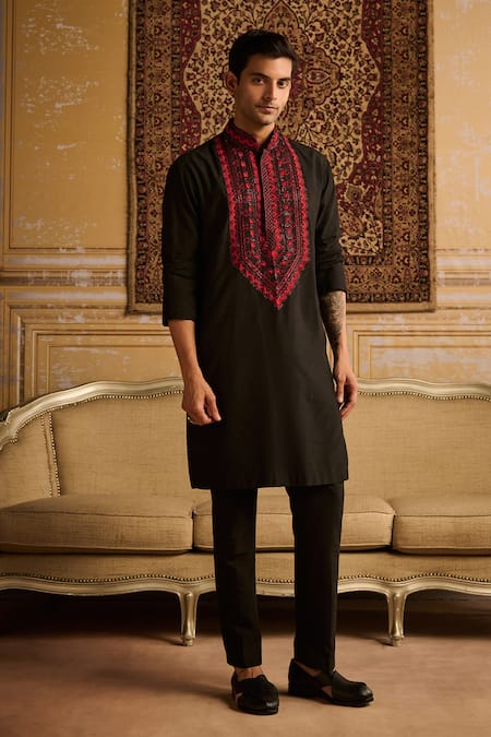 Shop_Diyarajvvir_Black Cotton, Silk Embroidery Yoke Kurta And Pant Set _at_Aza_Fashions