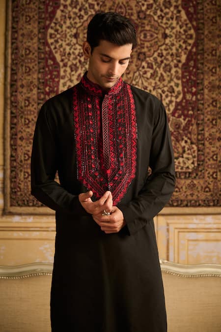 Diyarajvvir_Black Cotton, Silk Embroidery Yoke Kurta And Pant Set _Online_at_Aza_Fashions