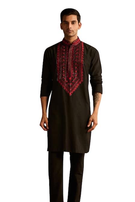 Buy_Diyarajvvir_Black Cotton, Silk Embroidery Yoke Kurta And Pant Set _Online_at_Aza_Fashions