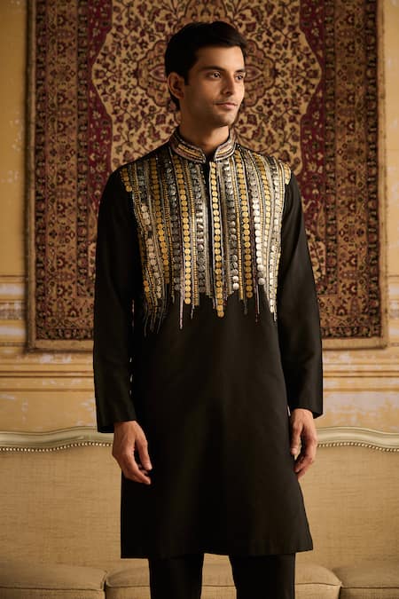 Diyarajvvir Black Cotton, Silk, Linen Embroidery Tribal Rustic Kurta And Pant Set Online at Aza Fashions Diyarajvvir_Black Cotton, Silk, Linen Embroidery Tribal Rustic Kurta And Pant Set _Online_at_Aza_Fashions