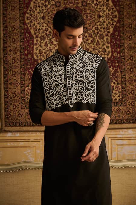 Shop Diyarajvvir Black Cotton, Silk Beads, Embroidery Yoke Kurta And Pant Set at Aza Fashions Shop_Diyarajvvir_Black Cotton, Silk Beads, Embroidery Yoke Kurta And Pant Set _at_Aza_Fashions