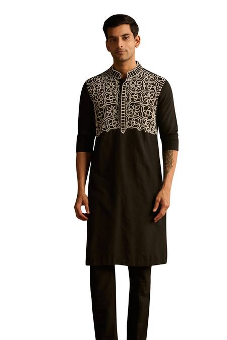Diyarajvvir Black Cotton, Silk Beads, Embroidery Yoke Kurta And Pant Set Online at Aza Fashions Diyarajvvir_Black Cotton, Silk Beads, Embroidery Yoke Kurta And Pant Set _Online_at_Aza_Fashions