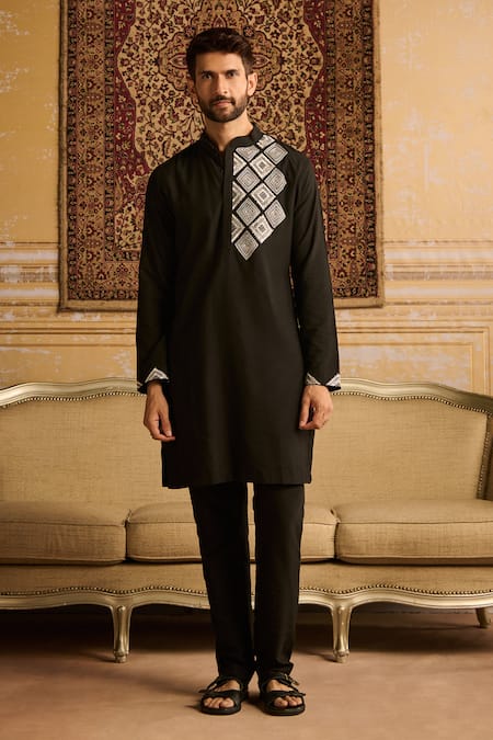 Shop Diyarajvvir Black Cotton, Silk, Linen Embroidery Diamond Yoke Kurta And Pant Set at Aza Fashions Shop_Diyarajvvir_Black Cotton, Silk, Linen Embroidery Diamond Yoke Kurta And Pant Set _at_Aza_Fashions