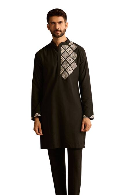 Diyarajvvir Black Cotton, Silk, Linen Embroidery Diamond Yoke Kurta And Pant Set Online at Aza Fashions Diyarajvvir_Black Cotton, Silk, Linen Embroidery Diamond Yoke Kurta And Pant Set _Online_at_Aza_Fashions