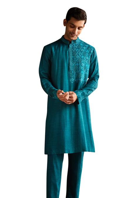 Diyarajvvir Blue Denim, Linen Embroidery Thread Kurta And Pant Set Online at Aza Fashions Diyarajvvir_Blue Denim, Linen Embroidery Thread Kurta And Pant Set _Online_at_Aza_Fashions