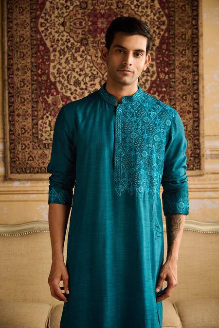 Buy Diyarajvvir Blue Denim, Linen Embroidery Thread Kurta And Pant Set Online at Aza Fashions Buy_Diyarajvvir_Blue Denim, Linen Embroidery Thread Kurta And Pant Set _Online_at_Aza_Fashions