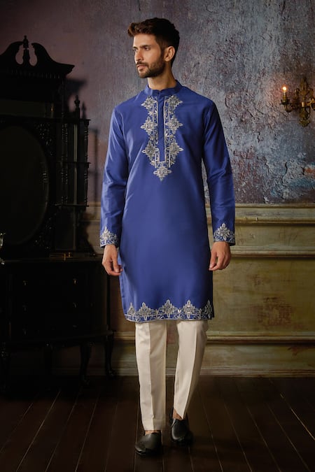 DiyaRajvvir Blue Cotton Silk Embroidered Gunmetal Kurta And Pant Set 