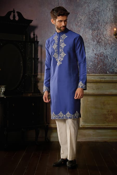 Shop_Diyarajvvir_Blue Cotton, Silk, Linen Embroidery Gunmetal Kurta And Pant Set _at_Aza_Fashions
