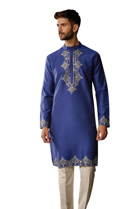 Buy_Diyarajvvir_Blue Cotton, Silk, Linen Embroidery Gunmetal Kurta And Pant Set _Online_at_Aza_Fashions