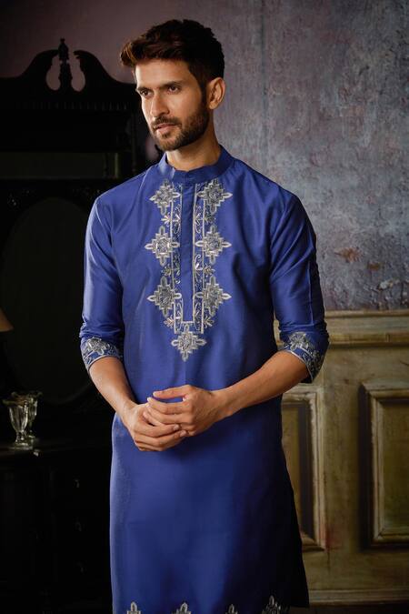 Shop_Diyarajvvir_Blue Cotton, Silk, Linen Embroidery Gunmetal Kurta And Pant Set _Online_at_Aza_Fashions