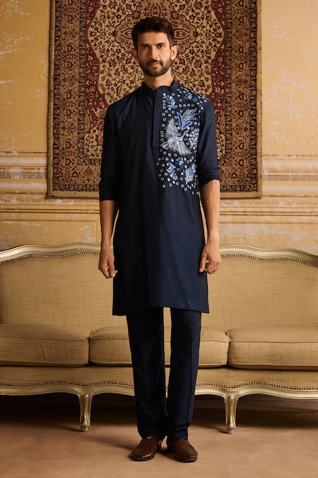 DiyaRajvvir Blue Cotton Silk Embroidered Thread Floral Work Kurta And Pant Set 