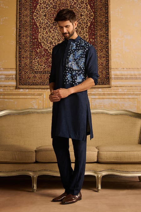 Diyarajvvir_Blue Cotton, Silk Mirrors, Embroidery Floral Work Kurta And Pant Set _Online_at_Aza_Fashions