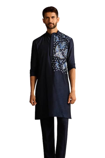 Buy_Diyarajvvir_Blue Cotton, Silk Mirrors, Embroidery Floral Work Kurta And Pant Set _Online_at_Aza_Fashions
