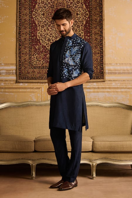 Diyarajvvir Blue Cotton, Silk Mirrors, Embroidery Cosmic Floral Bundi Kurta Set Online at Aza Fashions Diyarajvvir_Blue Cotton, Silk Mirrors, Embroidery Cosmic Floral Bundi Kurta Set _Online_at_Aza_Fashions