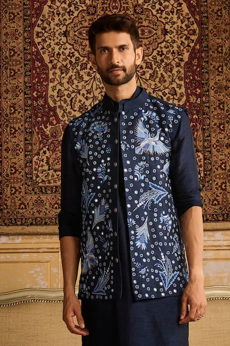 Buy Diyarajvvir Blue Cotton, Silk Mirrors, Embroidery Cosmic Floral Bundi Kurta Set Online at Aza Fashions Buy_Diyarajvvir_Blue Cotton, Silk Mirrors, Embroidery Cosmic Floral Bundi Kurta Set _Online_at_Aza_Fashions