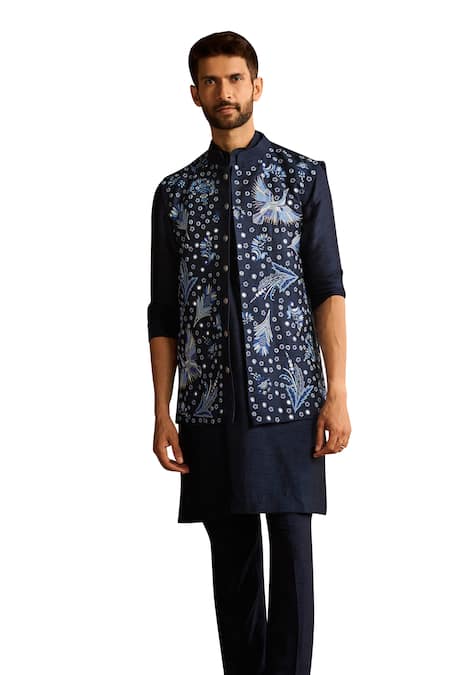 Diyarajvvir Blue Cotton, Silk Mirrors, Embroidery Cosmic Floral Bundi Kurta Set at Aza Fashions Diyarajvvir_Blue Cotton, Silk Mirrors, Embroidery Cosmic Floral Bundi Kurta Set _at_Aza_Fashions