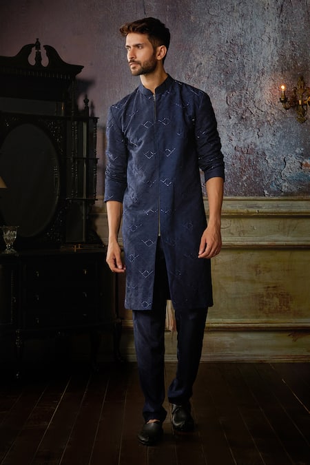 Shop Diyarajvvir Blue Denim, Silk Embroidery, Beads Textured Arrow Kurta And Pant Set at Aza Fashions Shop_Diyarajvvir_Blue Denim, Silk Embroidery, Beads Textured Arrow Kurta And Pant Set _at_Aza_Fashions