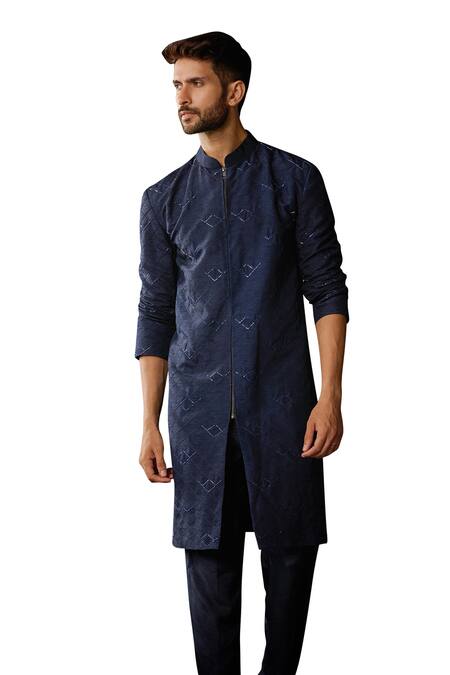 Diyarajvvir Blue Denim, Silk Embroidery, Beads Textured Arrow Kurta And Pant Set Online at Aza Fashions Diyarajvvir_Blue Denim, Silk Embroidery, Beads Textured Arrow Kurta And Pant Set _Online_at_Aza_Fashions