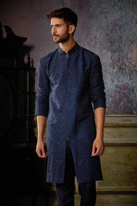 Shop Diyarajvvir Blue Denim, Silk Embroidery, Beads Textured Arrow Kurta And Pant Set Online at Aza Fashions Shop_Diyarajvvir_Blue Denim, Silk Embroidery, Beads Textured Arrow Kurta And Pant Set _Online_at_Aza_Fashions