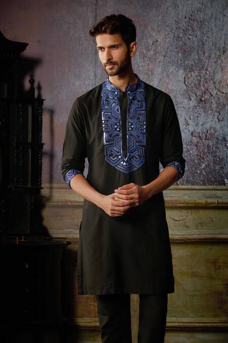 Diyarajvvir_Black Cotton, Silk Beads, Embroidery Yoke Kurta And Pant Set _Online_at_Aza_Fashions