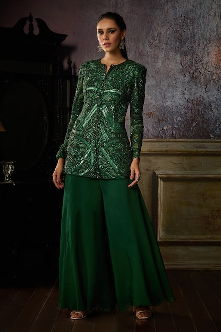 DiyaRajvvir Green Tulle Embroidered Bead Notched Round Abstract Pattern Jacket With Sharara 