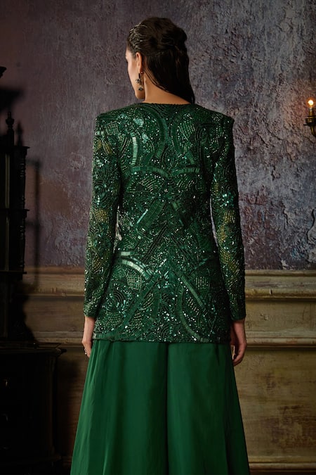 Shop Diyarajvvir Green Organza, Tulle, Satin, Abstract Pattern Embroidered Jacket With Sharara at Aza Fashions Shop_Diyarajvvir_Green Organza, Tulle, Satin, Abstract Pattern Embroidered Jacket With Sharara _at_Aza_Fashions