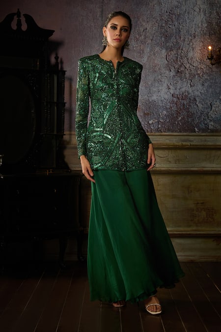 Buy Diyarajvvir Green Organza, Tulle, Satin, Abstract Pattern Embroidered Jacket With Sharara Online at Aza Fashions Buy_Diyarajvvir_Green Organza, Tulle, Satin, Abstract Pattern Embroidered Jacket With Sharara _Online_at_Aza_Fashions