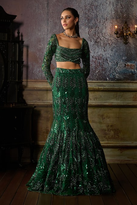 DiyaRajvvir Green Tulle Embroidered Bead Square Stone Fish-cut Lehenga With Blouse 