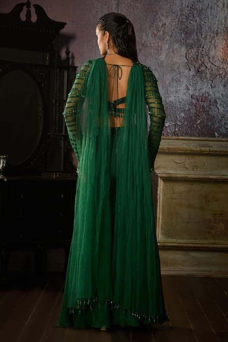 Shop Diyarajvvir Green Organza, Tulle, Satin, Lycra Sequins, Beads, Embroidered Waist Sharara Set at Aza Fashions Shop_Diyarajvvir_Green Organza, Tulle, Satin, Lycra Sequins, Beads, Embroidered Waist Sharara Set _at_Aza_Fashions