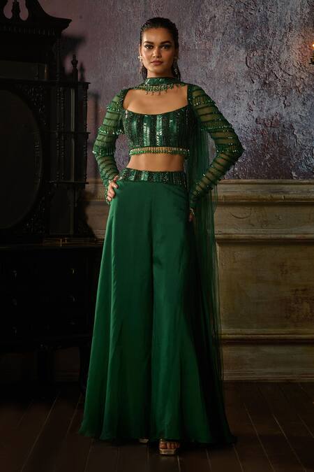 Diyarajvvir Green Organza, Tulle, Satin, Lycra Sequins, Beads, Embroidered Waist Sharara Set Online at Aza Fashions Diyarajvvir_Green Organza, Tulle, Satin, Lycra Sequins, Beads, Embroidered Waist Sharara Set _Online_at_Aza_Fashions