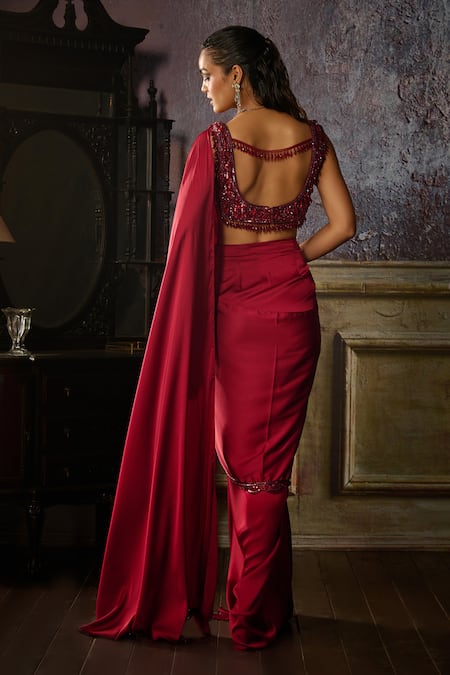 Diyarajvvir_Maroon Tulle, Satin Sequins, Scallop Hem Pre-draped Dhoti Saree With Blouse _Online_at_Aza_Fashions