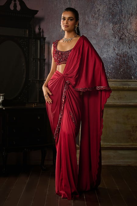 Buy_Diyarajvvir_Maroon Tulle, Satin Sequins, Scallop Hem Pre-draped Dhoti Saree With Blouse _Online_at_Aza_Fashions