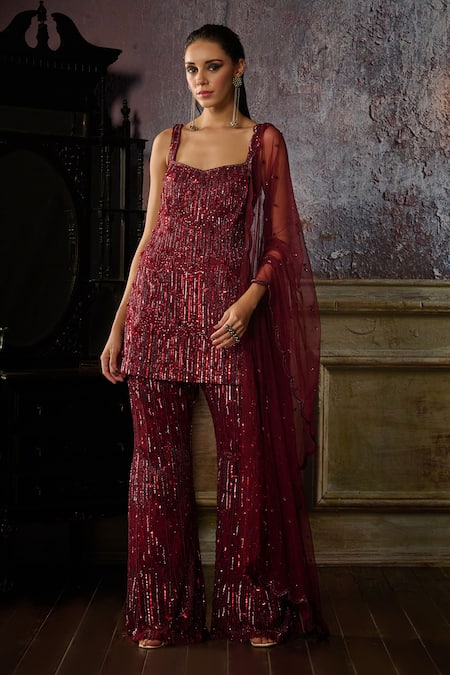 DiyaRajvvir Maroon Tulle Embroidered Bead Sweetheart Linear Pattern Kurta Sharara Set 