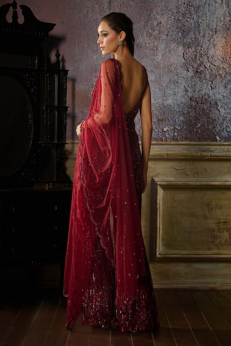 Shop Diyarajvvir Maroon Tulle, Satin, Lycra Sequins, Linear Pattern Embroidered Kurta Sharara Set at Aza Fashions Shop_Diyarajvvir_Maroon Tulle, Satin, Lycra Sequins, Linear Pattern Embroidered Kurta Sharara Set _at_Aza_Fashions