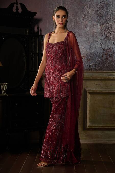 Diyarajvvir Maroon Tulle, Satin, Lycra Sequins, Linear Pattern Embroidered Kurta Sharara Set Online at Aza Fashions Diyarajvvir_Maroon Tulle, Satin, Lycra Sequins, Linear Pattern Embroidered Kurta Sharara Set _Online_at_Aza_Fashions