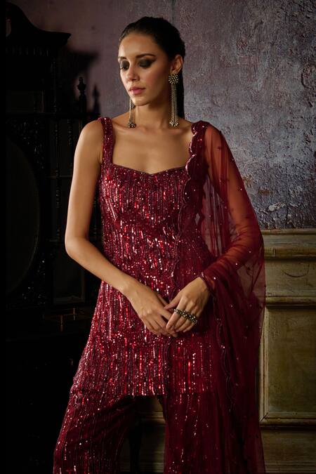 Shop Diyarajvvir Maroon Tulle, Satin, Lycra Sequins, Linear Pattern Embroidered Kurta Sharara Set Online at Aza Fashions Shop_Diyarajvvir_Maroon Tulle, Satin, Lycra Sequins, Linear Pattern Embroidered Kurta Sharara Set _Online_at_Aza_Fashions