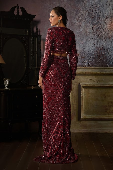 Shop_Diyarajvvir_Maroon Tulle, Satin Sequins, Beads, Tassels Embroidered Trail Skirt With Blouse _at_Aza_Fashions