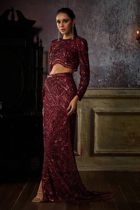 Buy_Diyarajvvir_Maroon Tulle, Satin Sequins, Beads, Tassels Embroidered Trail Skirt With Blouse _Online_at_Aza_Fashions