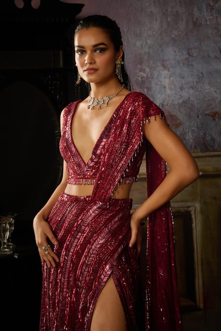 Shop Diyarajvvir Maroon Tulle, Satin, Embroidered High Slit Pre-draped Skirt Saree With Blouse Online at Aza Fashions Shop_Diyarajvvir_Maroon Tulle, Satin, Embroidered High Slit Pre-draped Skirt Saree With Blouse _Online_at_Aza_Fashions