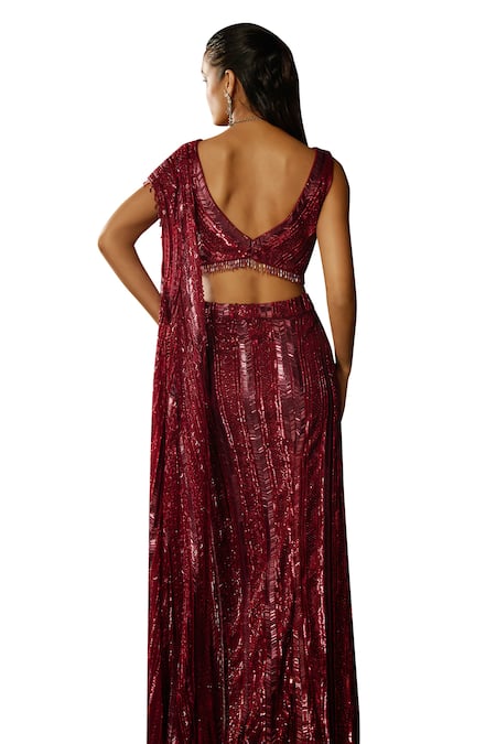 Diyarajvvir Maroon Tulle, Satin, Embroidered High Slit Pre-draped Skirt Saree With Blouse at Aza Fashions Diyarajvvir_Maroon Tulle, Satin, Embroidered High Slit Pre-draped Skirt Saree With Blouse _at_Aza_Fashions