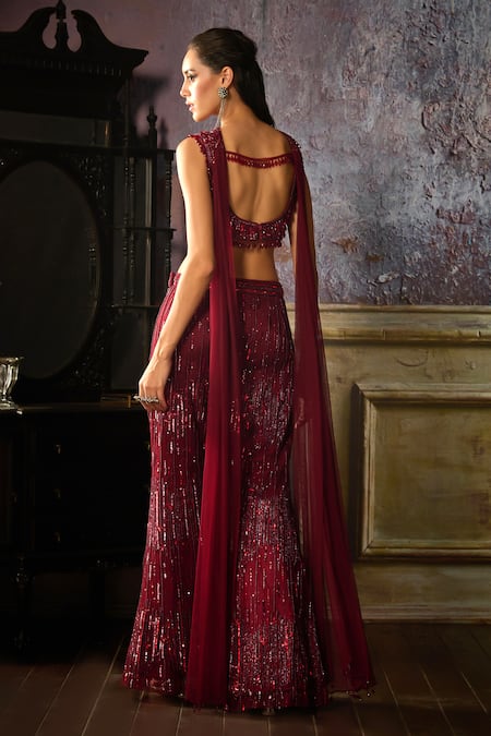 Shop Diyarajvvir Maroon Tulle, Satin Sequins, Tassels, Beads Scoop Embroidered Sharara Blouse Set at Aza Fashions Shop_Diyarajvvir_Maroon Tulle, Satin Sequins, Tassels, Beads Scoop Embroidered Sharara Blouse Set _at_Aza_Fashions