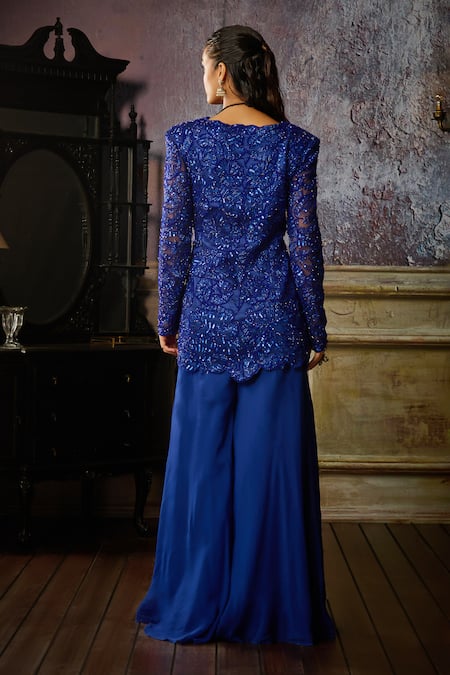 Diyarajvvir Blue Tulle, Georgette, Satin, Lycra Cut Floral Embroidered Jacket With Sharara Online at Aza Fashions Diyarajvvir_Blue Tulle, Georgette, Satin, Lycra Cut Floral Embroidered Jacket With Sharara _Online_at_Aza_Fashions