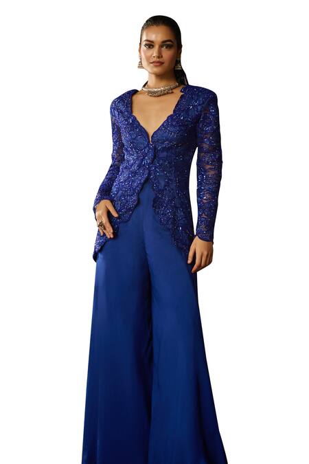 Shop Diyarajvvir Blue Tulle, Georgette, Satin, Lycra Cut Floral Embroidered Jacket With Sharara Online at Aza Fashions Shop_Diyarajvvir_Blue Tulle, Georgette, Satin, Lycra Cut Floral Embroidered Jacket With Sharara _Online_at_Aza_Fashions