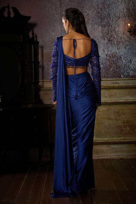 Shop Diyarajvvir Blue Satin, Tulle Sequins, Tassels, Solid Pre-draped Skirt Saree With Blouse at Aza Fashions Shop_Diyarajvvir_Blue Satin, Tulle Sequins, Tassels, Solid Pre-draped Skirt Saree With Blouse _at_Aza_Fashions