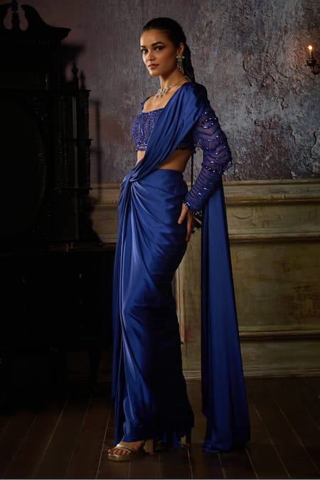 Buy Diyarajvvir Blue Satin, Tulle Sequins, Tassels, Solid Pre-draped Skirt Saree With Blouse Online at Aza Fashions Buy_Diyarajvvir_Blue Satin, Tulle Sequins, Tassels, Solid Pre-draped Skirt Saree With Blouse _Online_at_Aza_Fashions