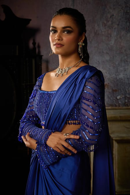 Shop Diyarajvvir Blue Satin, Tulle Sequins, Tassels, Solid Pre-draped Skirt Saree With Blouse Online at Aza Fashions Shop_Diyarajvvir_Blue Satin, Tulle Sequins, Tassels, Solid Pre-draped Skirt Saree With Blouse _Online_at_Aza_Fashions