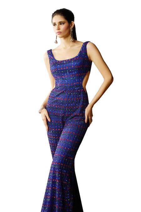Diyarajvvir Blue Tulle, Satin, Lycra Beads, Sequins Scoop Geometric Embroidered Jumpsuit Online at Aza Fashions Diyarajvvir_Blue Tulle, Satin, Lycra Beads, Sequins Scoop Geometric Embroidered Jumpsuit _Online_at_Aza_Fashions